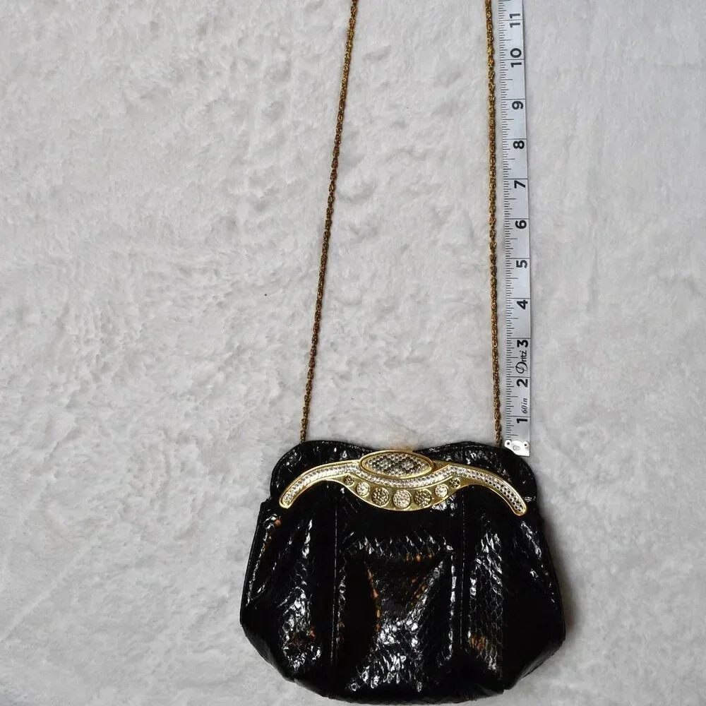 Vintage Snakeskin Shoulder Bag Clutch Crystals Party Cocktail Party 80s Black